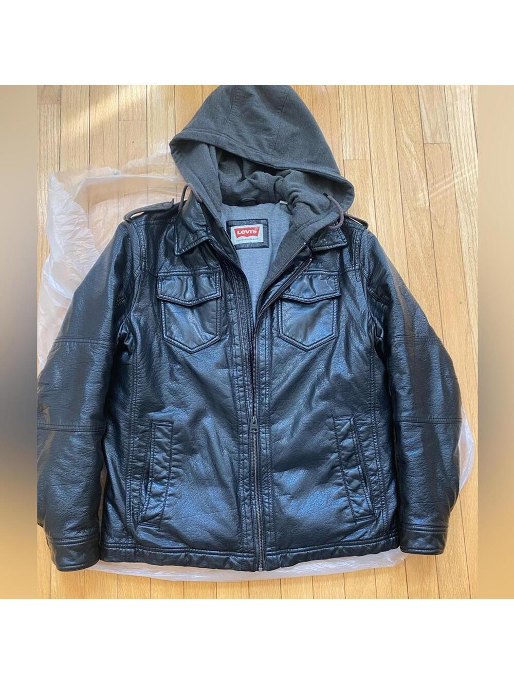 Levi's Men's Black Faux Leather Jacket with Attached Hoodie Size Medium
